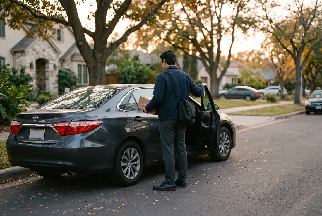 A composed courier in plain dark attire standing beside a nondescript sedan on a quiet street.