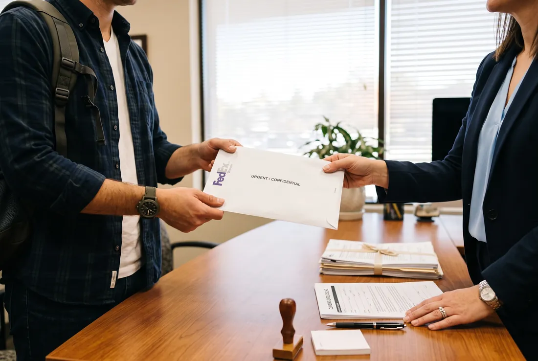 A courier handing a sealed document envelope across a desk at a title and escrow office, closing paperwork and a notary stamp nearby.