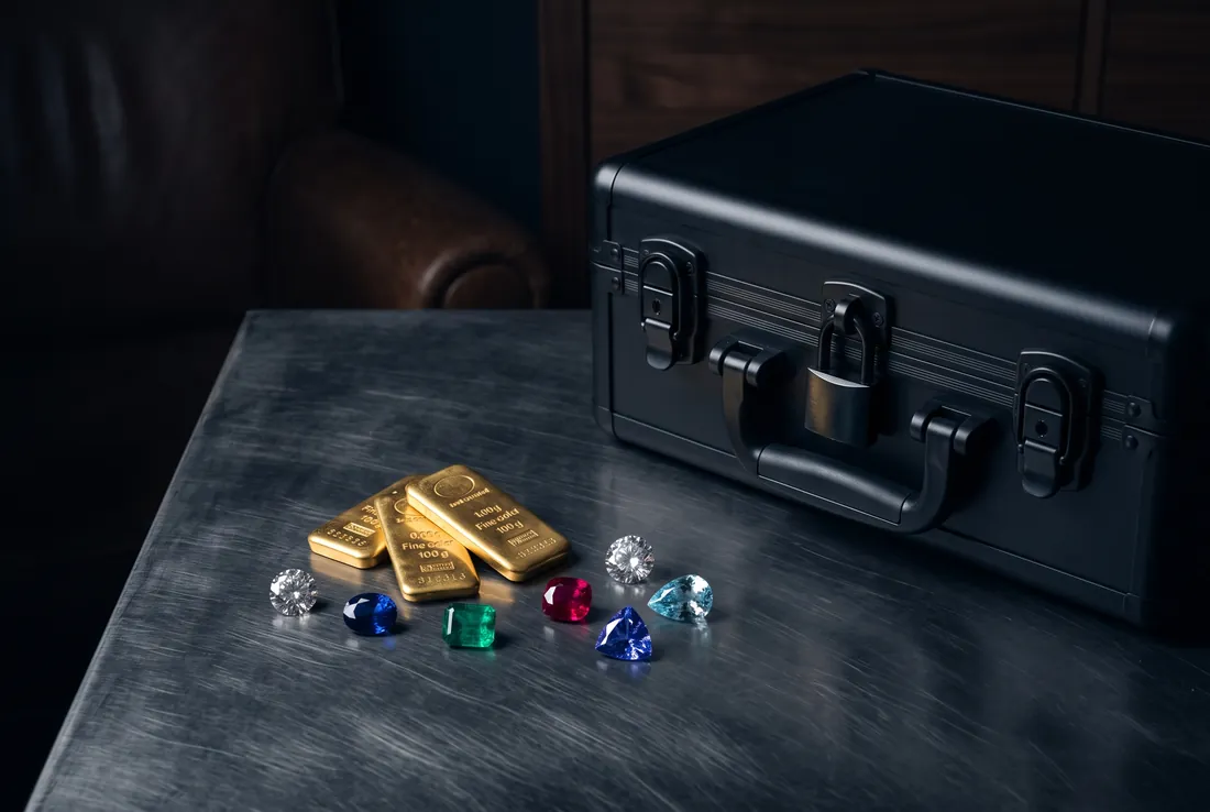 Gold bullion bars and loose gemstones beside a plain sealed transport case under restrained lighting.