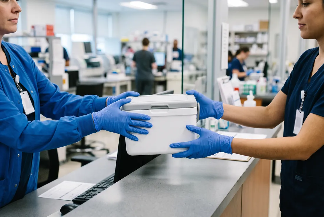 Gloved hands transferring a sealed insulated specimen transport cooler across a clinical reception counter.