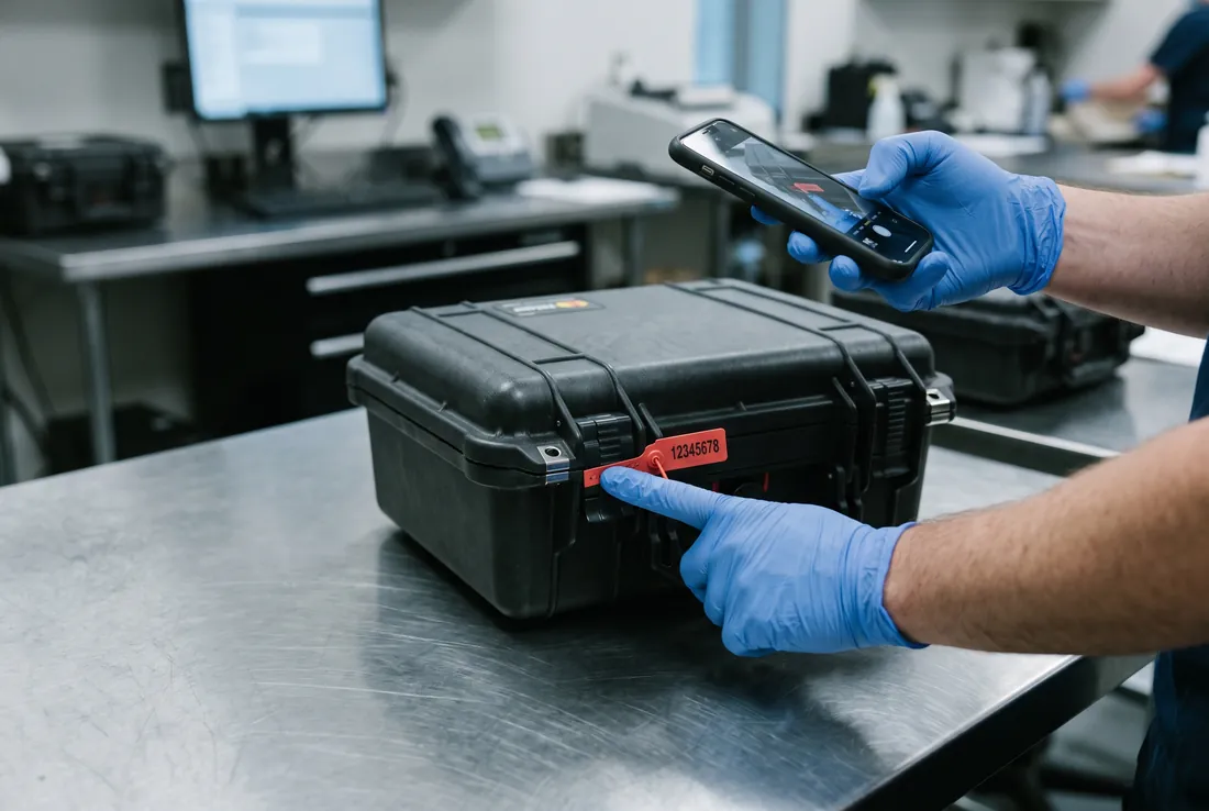 Gloved hands applying a numbered tamper-evident seal to a reinforced transport case while it is photographed for the audit log.