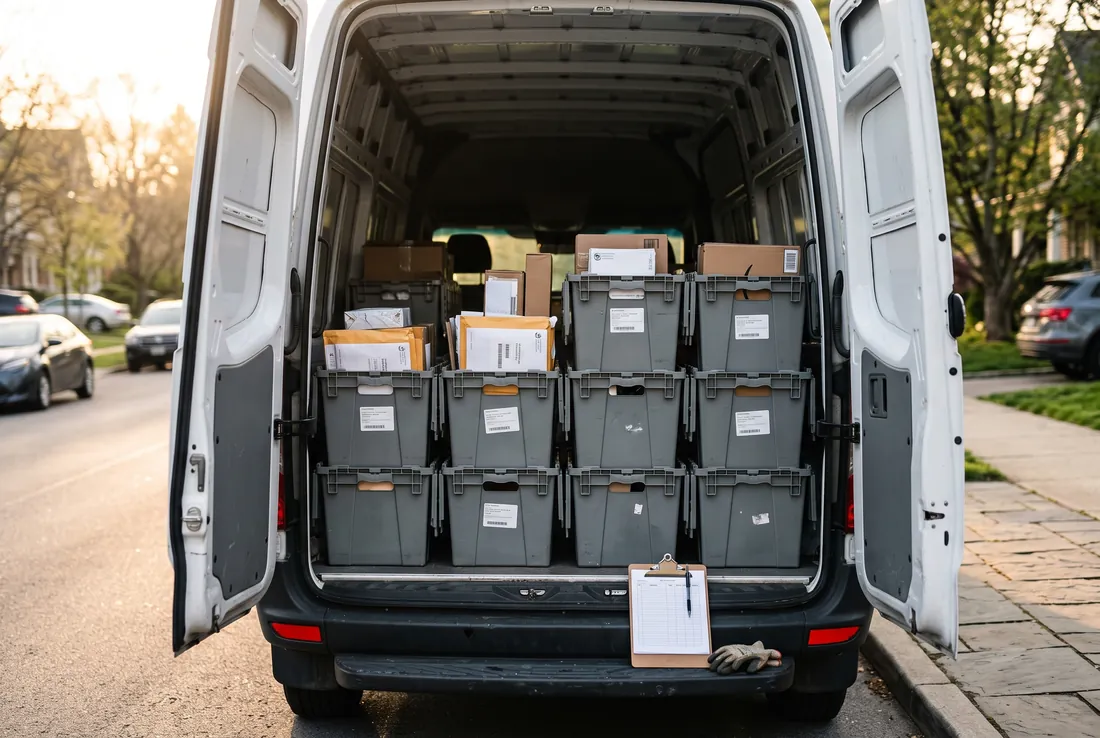 Neatly organized parcels and document envelopes in bins inside a clean cargo van at the start of a scheduled route.