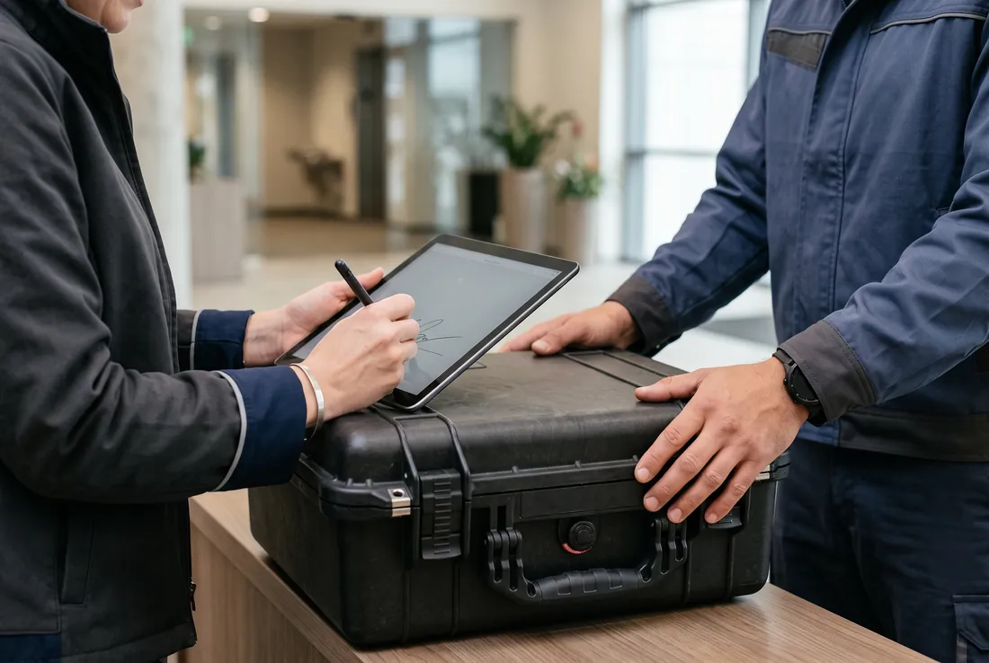 Two professionals completing a documented hand-off — one signs a tablet while the other steadies a sealed case.
