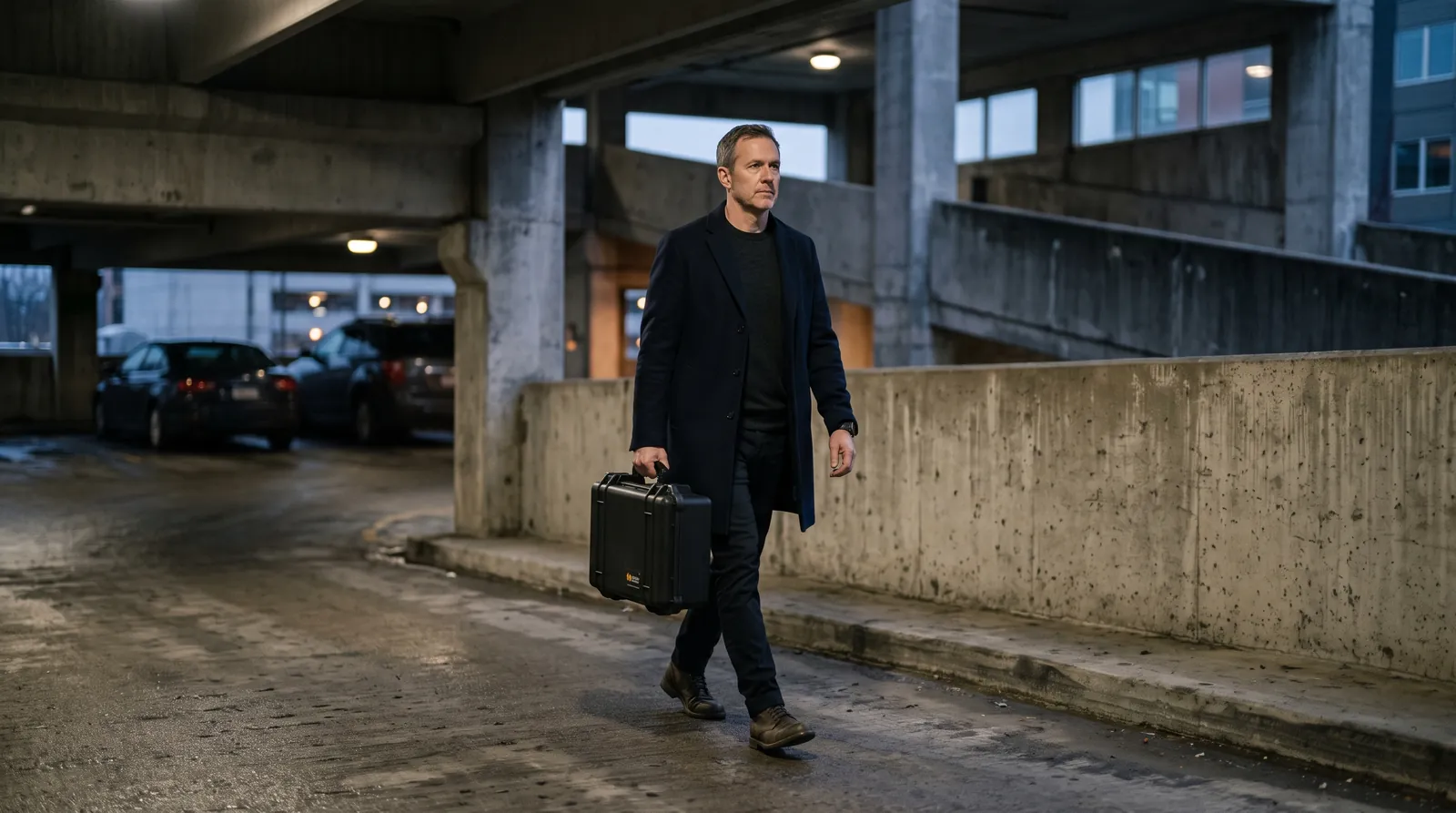 A courier in plain dark clothing carrying an unmarked transport case through a quiet parking structure.